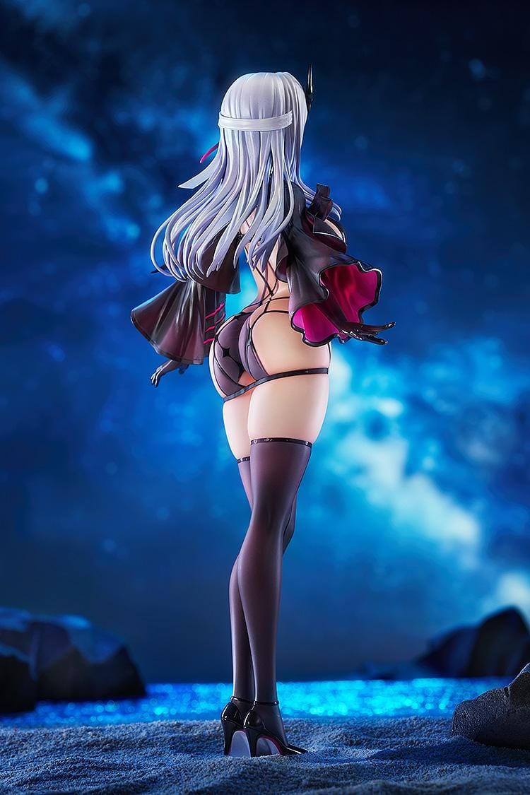 1/7 scale figure of Modernia from Goddess of Victory: Nikke in her Second Affection outfit, wearing a black coat with crimson lining and large mechanical wing units extending from her sides.