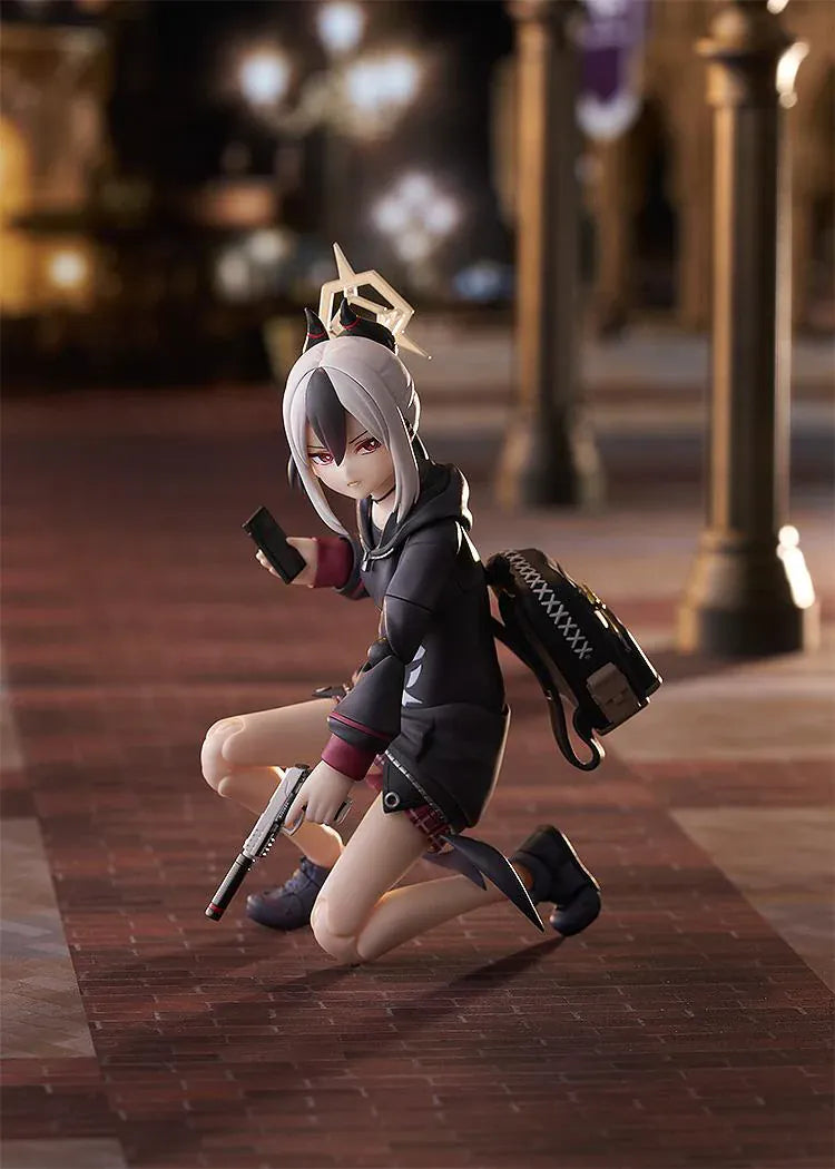 Blue Archive figma Kayoko Onikata Figure with black hoodie, plaid skirt, two-tone hair, halo detail, and tail