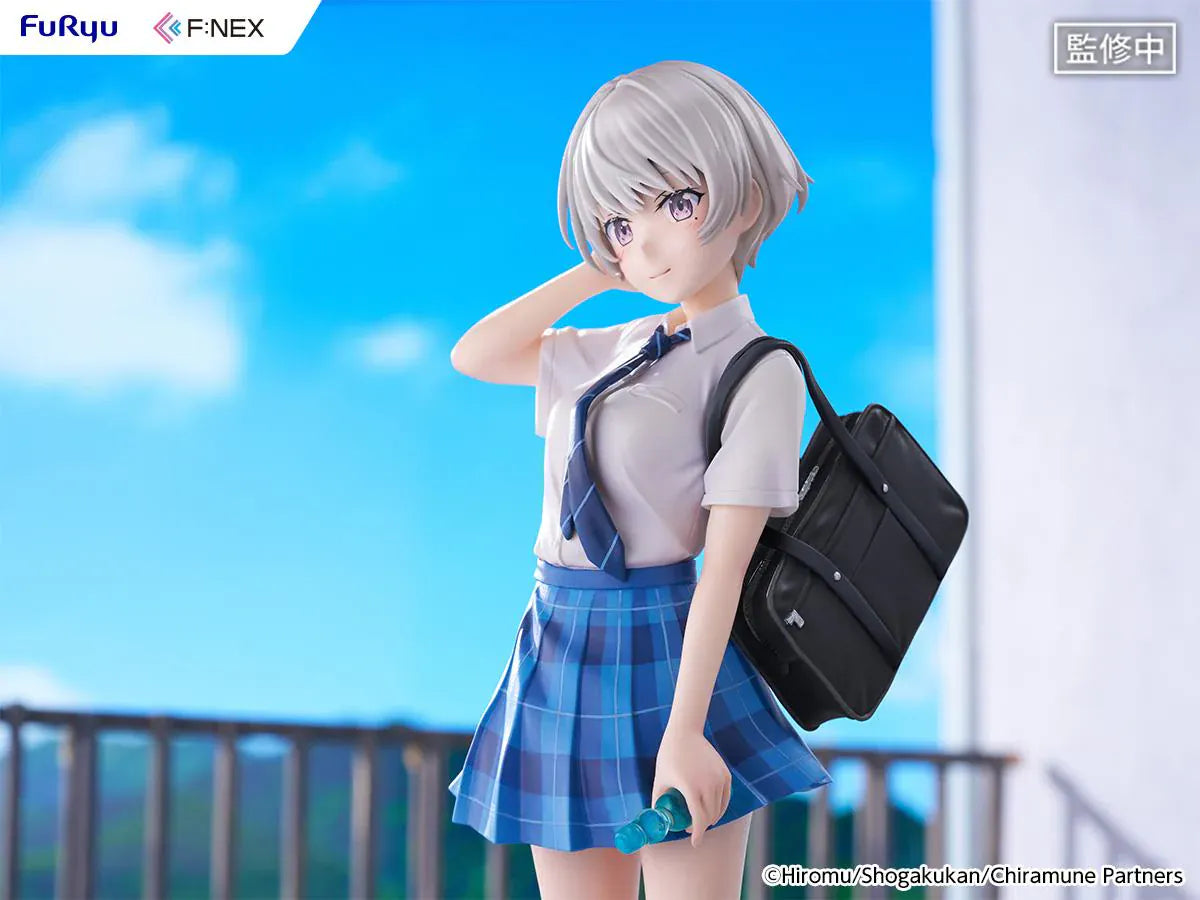 Chitose Is in the Ramune Bottle Asuka Nishino 1/7 Scale Figure with short silver hair, blue plaid skirt, school uniform outfit, backpack, drink bottle accessory, and display base