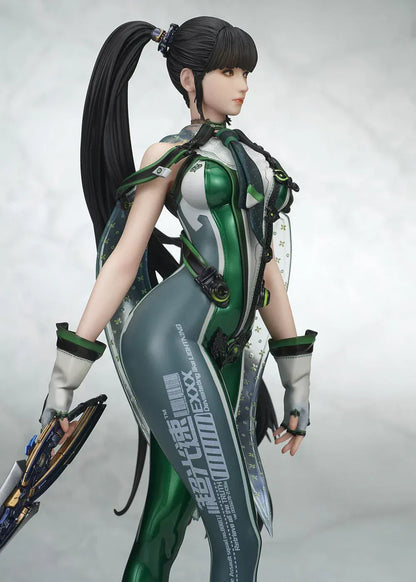 Stellar Blade Eve non-scale figure in a futuristic green and gray combat suit holding a long sword with flowing black hair