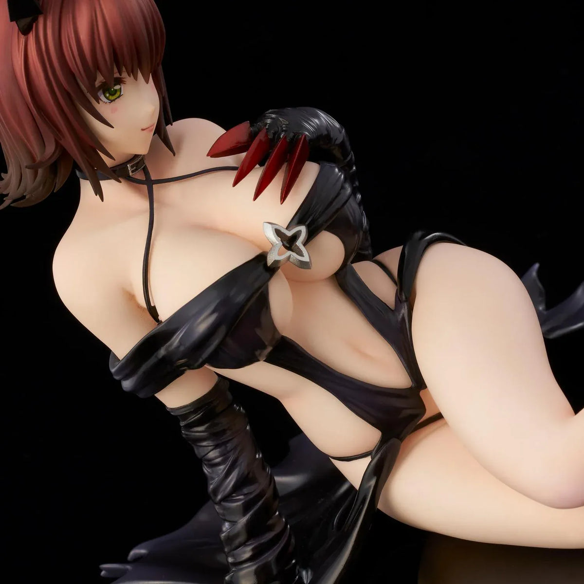 To Love-Ru Darkness Ryoko Mikado Darkness Ver. Figure (Rerelease) featuring a short reddish-brown-haired anime woman with green eyes, black horns, a revealing black outfit, long gloves, and red claw-like accents in a seated pose.
