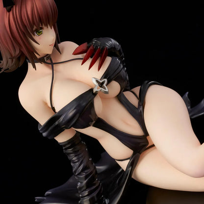To Love-Ru Darkness Ryoko Mikado Darkness Ver. Figure (Rerelease) featuring a short reddish-brown-haired anime woman with green eyes, black horns, a revealing black outfit, long gloves, and red claw-like accents in a seated pose.