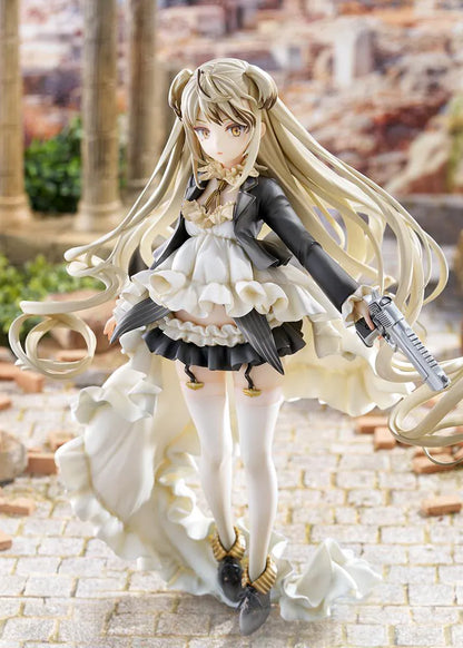 Girls' Frontline Desert Eagle 1/7 Scale Figure featuring Desert Eagle with long blonde hair, white-and-black outfit, golden eyes, handgun accessory, and flowing dress details.