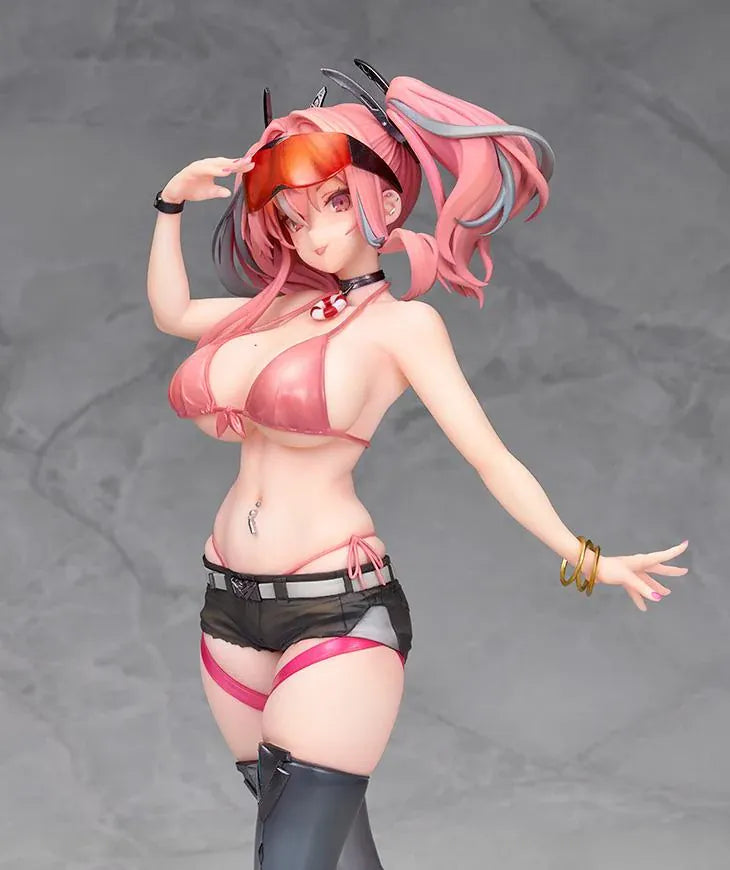 Azur Lane Bremerton 1/7 scale figure with pink twin tails, orange goggles, a navy coat, black shorts, and tall boots in a saluting pose.