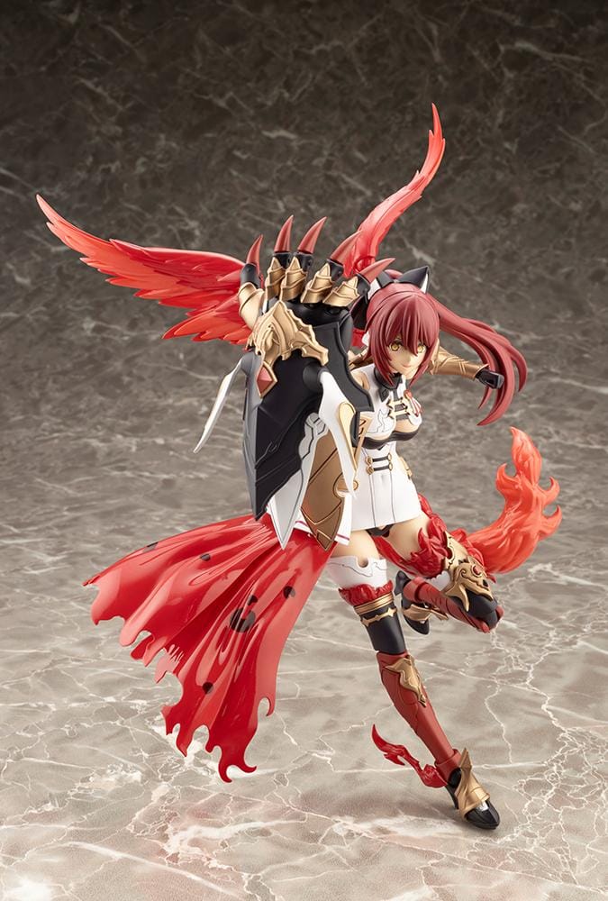 Assembled Arcanadea Charmed model kit with red hair, animal ears, a white and black outfit, gold armor accents, and a sweeping flame-like red tail.