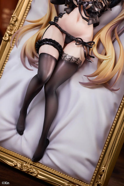 Stella Black Cat Ver. Deluxe Edition 1/7 Scale Figure illustrated by Xin, featuring a blonde-haired catgirl with red eyes, black lace lingerie, cat ears, and thigh-high stockings displayed in an ornate golden frame with a matching illustrated wall scroll.