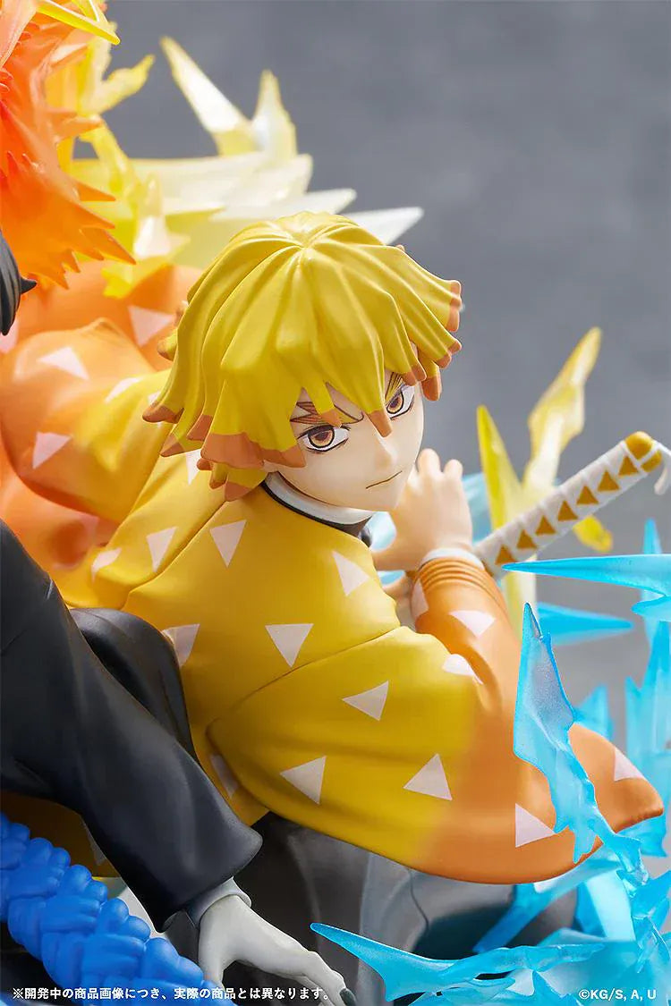 Zenitsu Agatsuma and Kaigaku Demon Slayer figure with lightning effects in dynamic battle pose