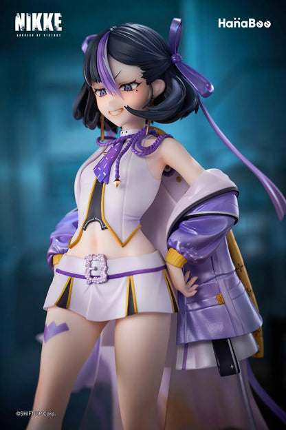 Goddess of Victory Nikke Syuen Deluxe Edition 1/6 Scale Figure featuring Syuen in a white-and-purple outfit with ribbon details, themed base, chibi mascot accent, can badge, and acrylic-style bonus artwork.