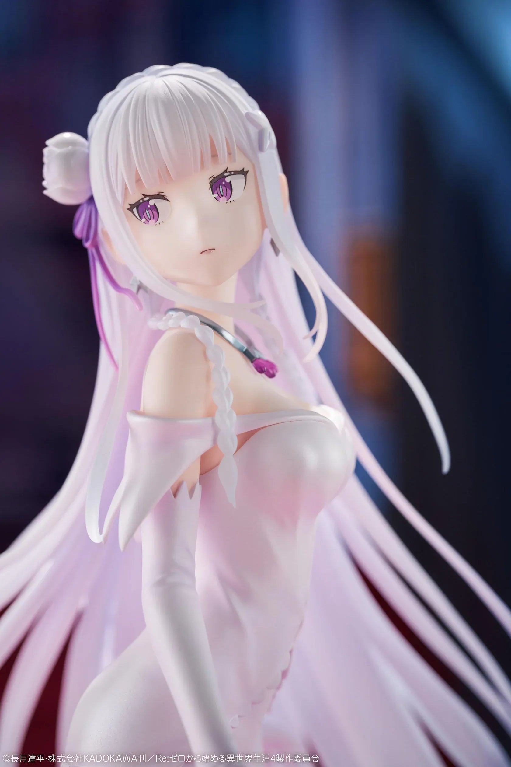 Re Zero Emilia Wedding Dress Ver. 1/7 Scale Figure wearing an elegant flowing white bridal gown with silver hair and floral accessories
