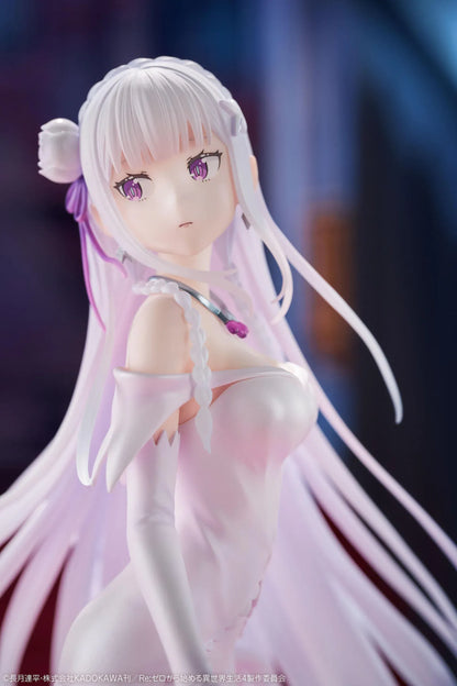 Re Zero Emilia Wedding Dress Ver. 1/7 Scale Figure wearing an elegant flowing white bridal gown with silver hair and floral accessories