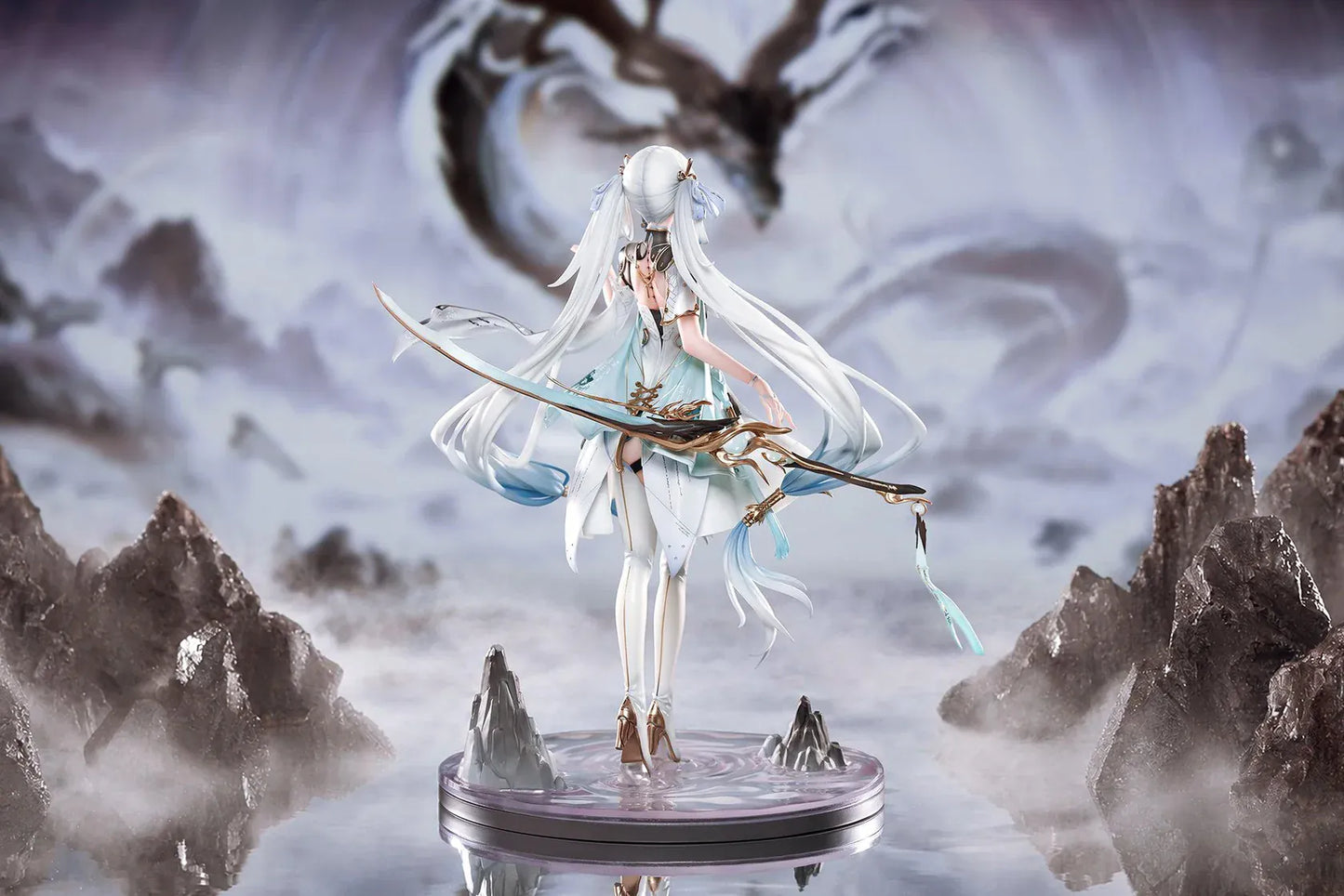 Wuthering Waves Jinhsi 1/7 Scale Figure with long white hair, elegant blue and gold outfit, flowing accessories, water-style display base, and bonus item