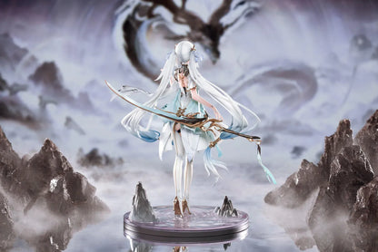 Wuthering Waves Jinhsi 1/7 Scale Figure with long white hair, elegant blue and gold outfit, flowing accessories, water-style display base, and bonus item
