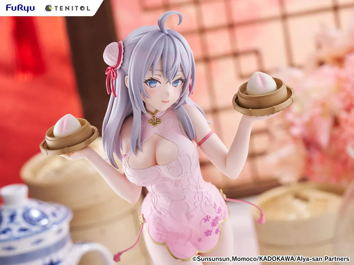 Alya Sometimes Hides Her Feelings in Russian TENITOL TALL Alya Cheongsam ver. Figure featuring Alya with long silver hair, pink cheongsam outfit, steamed bun accessories, and pink shoes.