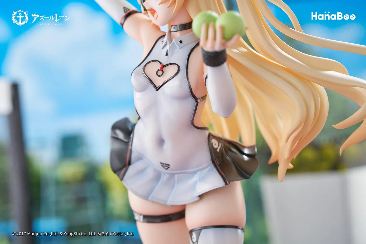 Azur Lane Bache Showy Sports Star Deluxe Ver. 1/6 Scale Figure featuring Bache in a tennis-inspired outfit with racket, tennis balls, display base, bonus artwork, and character can badge.
