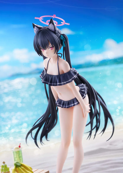 Blue Archive Serika Swimsuit 1/7 Scale Figure featuring Serika with long black hair, cat ears, dark frilled swimsuit, pink halo, platform sandals, and display base.