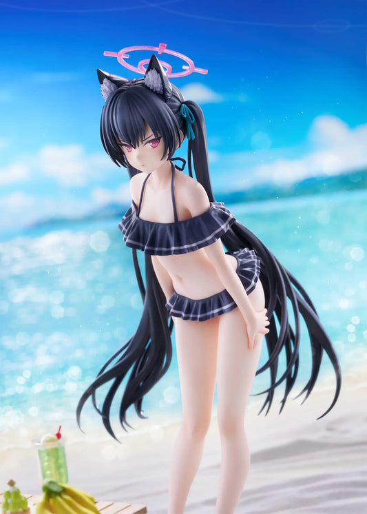 Blue Archive Serika Swimsuit 1/7 Scale Figure featuring Serika with long black hair, cat ears, dark frilled swimsuit, pink halo, platform sandals, and display base.