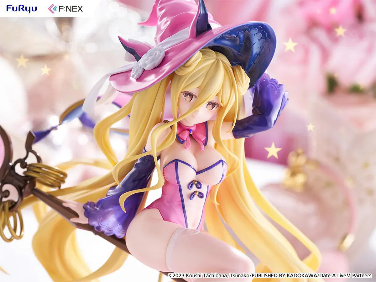 Date A Live V Mukuro Hoshimiya Witch Style Ver. 1/7 Scale Figure featuring Mukuro with long blonde hair, pink witch outfit, large witch hat, key-shaped staff, and magical display base.
