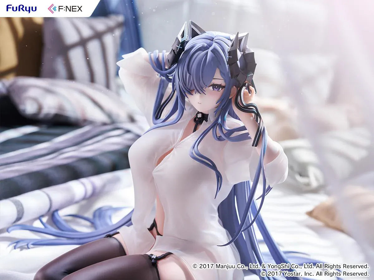 Azur Lane August von Parseval The Unhulde's Midday Respite 1/6 Scale Figure seated in white shirt with long blue hair and dark thigh-high stockings