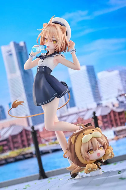 Rurudo Lion Marine Sailor Ver. figure in a navy and white sailor dress and hat, holding a blue bottle beside a chibi lion companion.