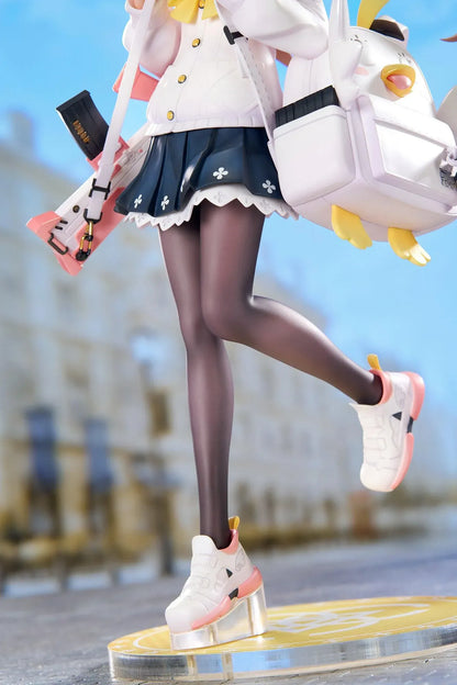 Blue Archive Hifumi figure smiling with one foot lifted, wearing a white cardigan and navy skirt, carrying a bird-themed bag and rifle on a yellow base.