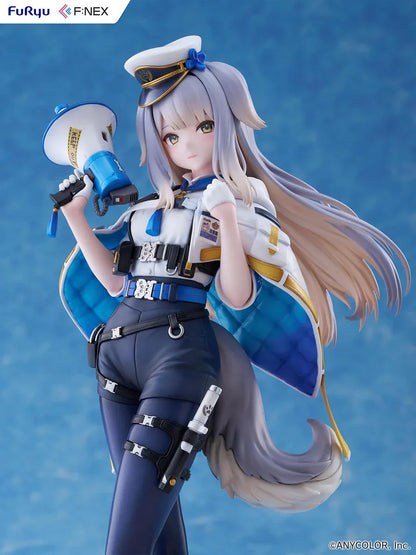 Nijisanji Ruri Shioriha 1/7 scale figure featuring megaphone accessory, silver hair, and detailed blue-and-white outfit