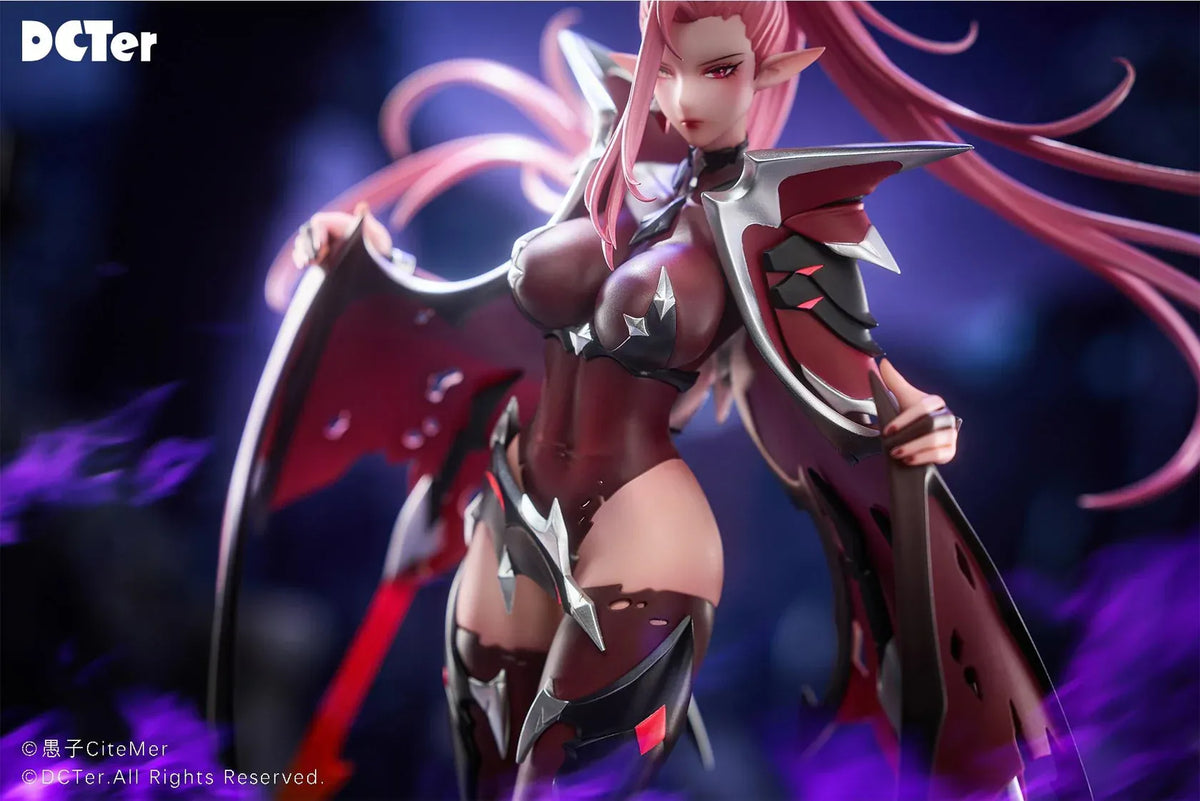 Heslion Draco Bellatrix Feminina 1/7 scale figure with pink hair, curved horns, dark crimson armor, wing-like elements, and a rocky base.