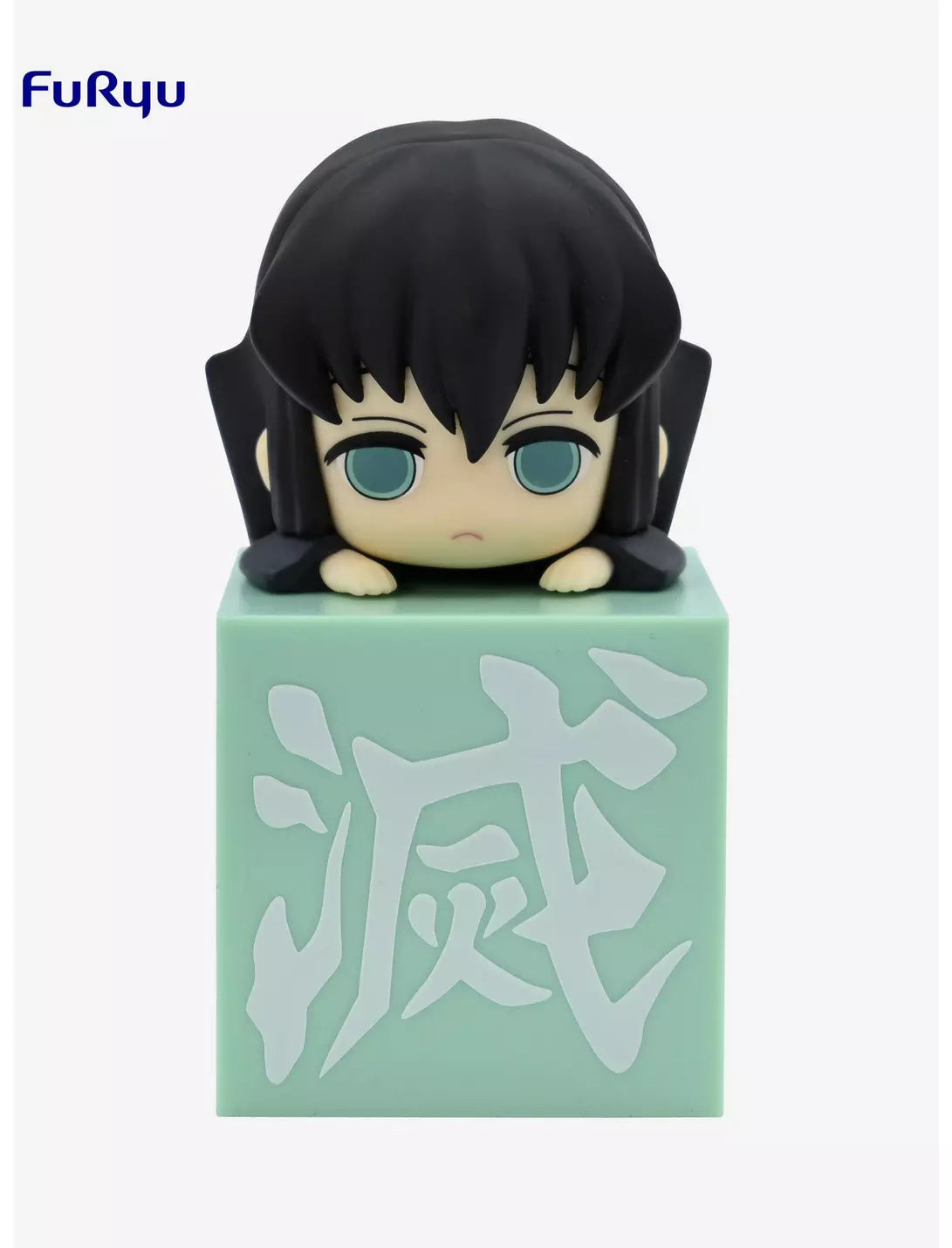 Demon Slayer Hikkake Hashira 2 Muichiro Tokito chibi figure resting on a mint-green display block with the Demon Slayer Corps emblem.