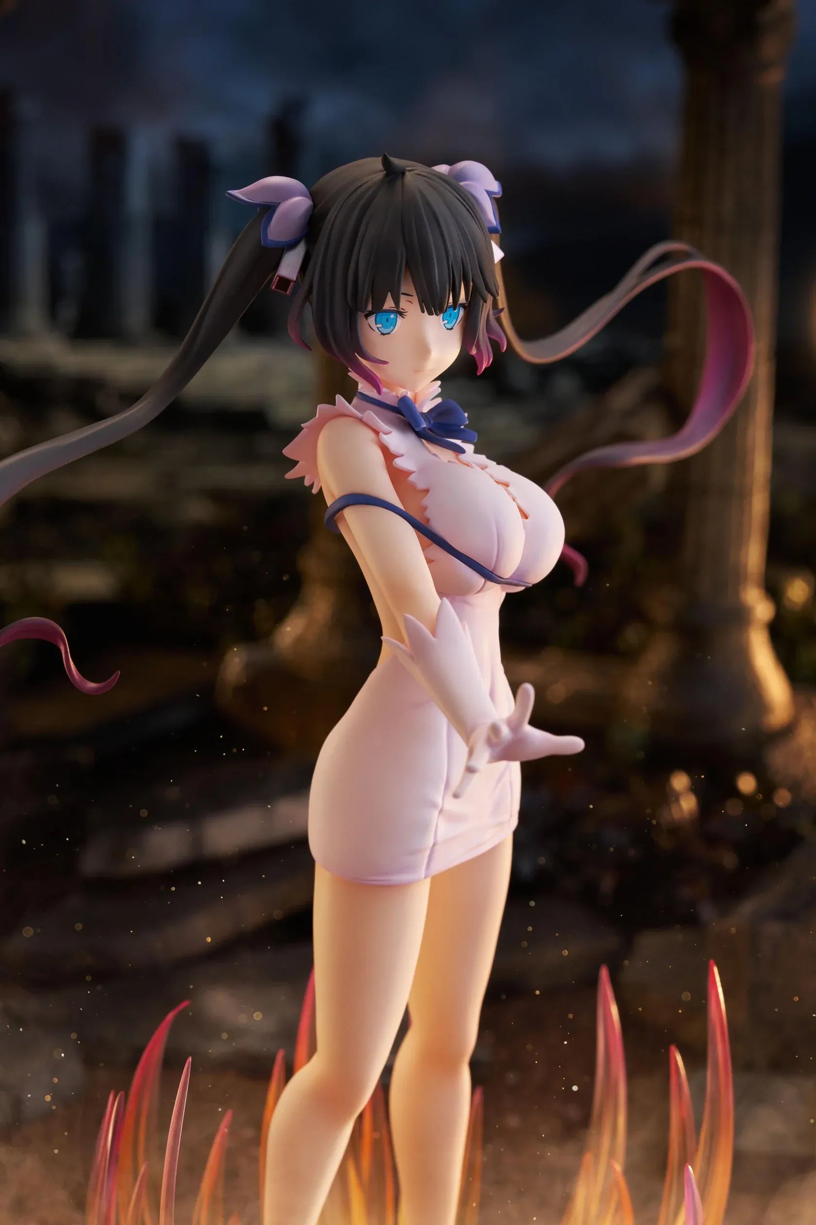 Is It Wrong to Try to Pick Up Girls in a Dungeon V Hestia Divinity Unleashed Limited Edition Ver. 1/7 Scale Figure with twin-tails, white outfit, blue ribbon accents, rocky base, and flame effect parts