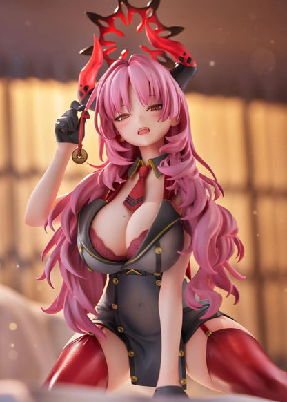 Blue Archive Satsuki Memorial Lobby 1/7 scale figure kneeling in a black-and-red outfit with flowing pink hair, horns, and a dark halo.