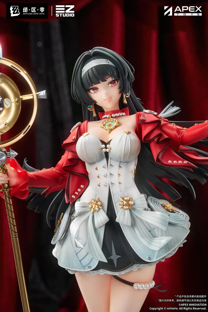 Zenless Zone Zero Astra Yao 1/7 Scale Figure featuring Astra Yao with long black hair, red-and-white performance outfit, microphone staff accessory, and elegant stage-inspired pose.