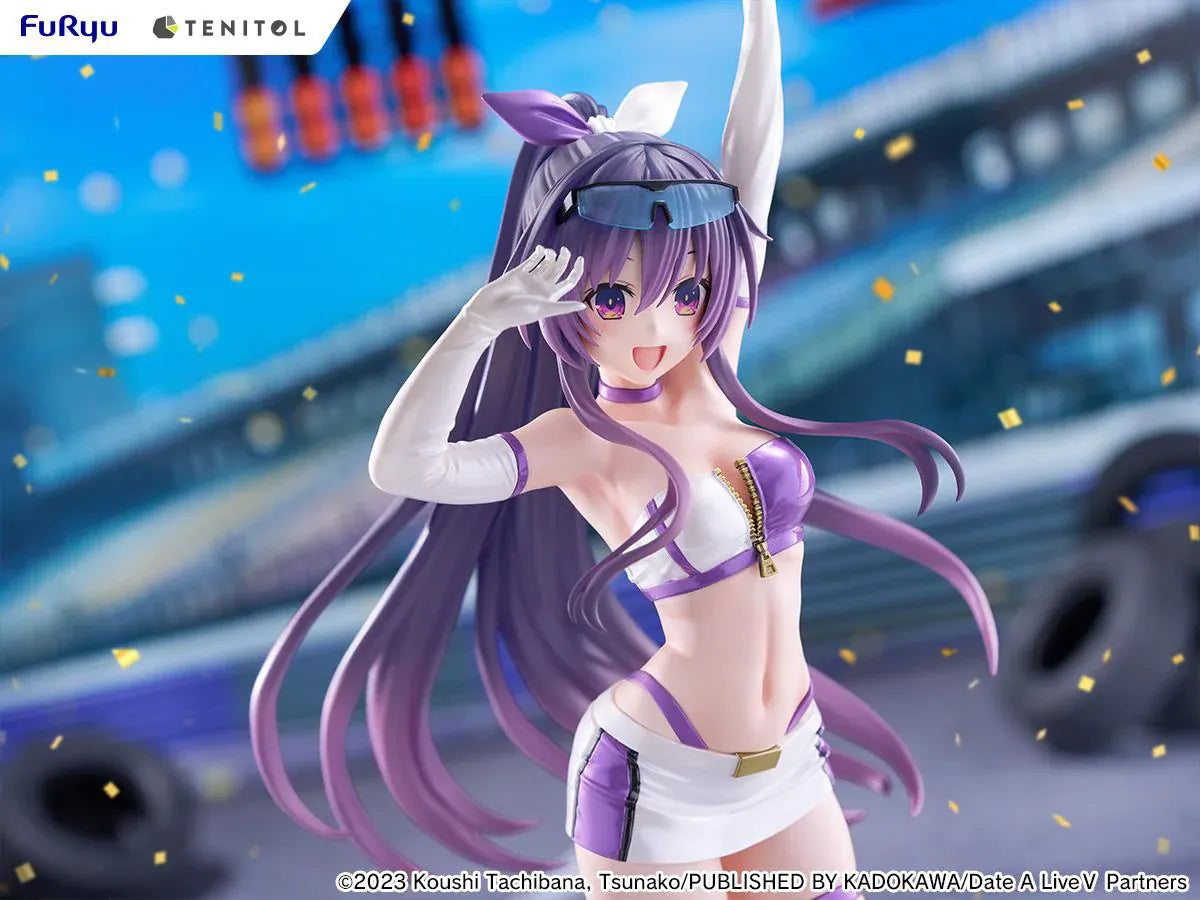 Date A Live V Tenitol Tall Tohka Yatogami Race Queen Ver. Figure featuring Tohka with long purple hair, white-and-purple race queen outfit, sunglasses, and matching boots.
