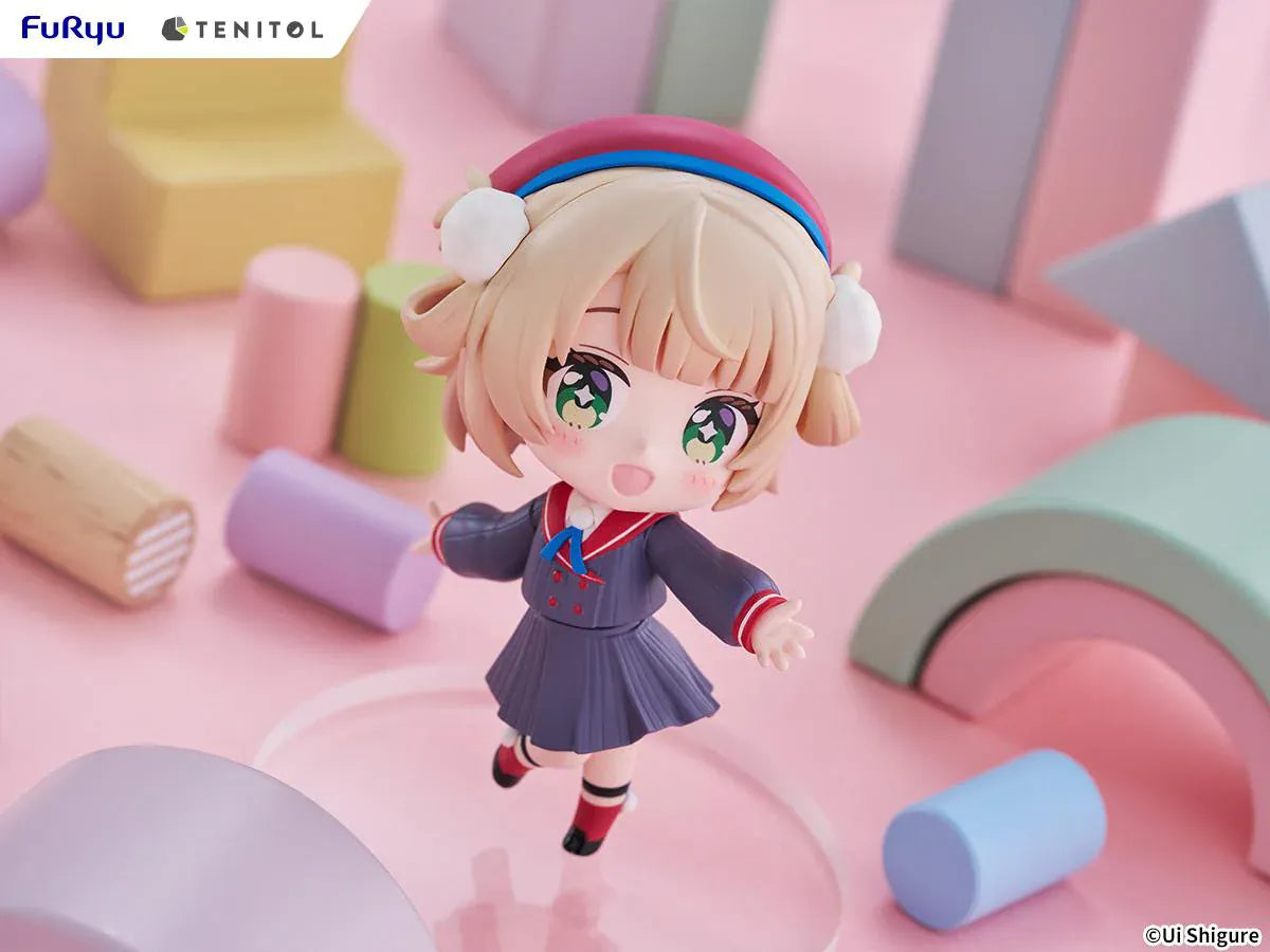 Ui Shigure Tenitol Mini Ui Shigure Figure with blonde hair, green eyes, earmuffs, school uniform outfit, cheerful pose, and round display base