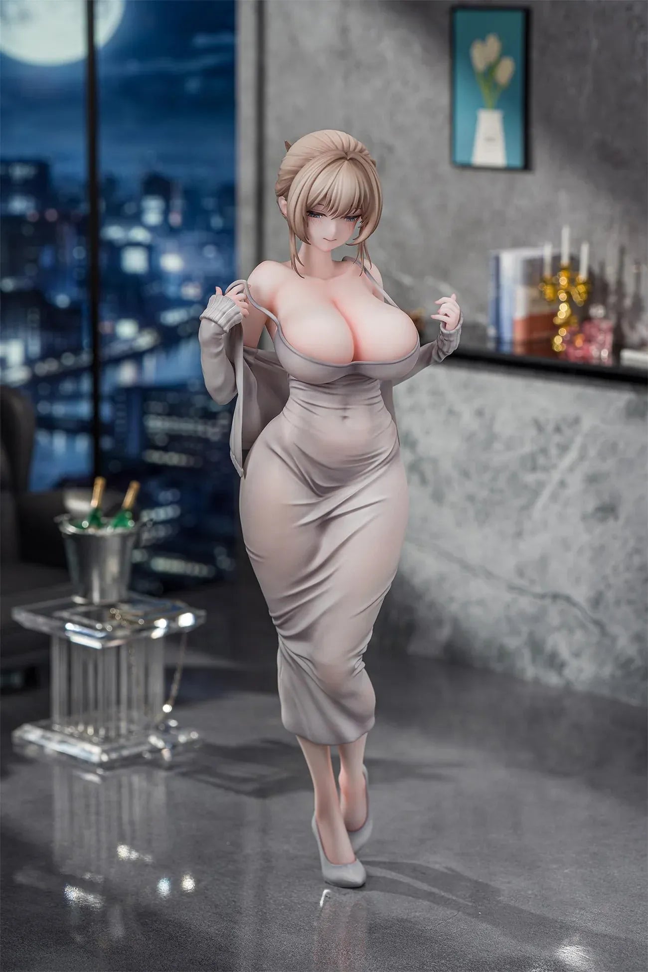 Gwan-E Illustration Muboubi na Erin 1/6 Scale Figure featuring Erin with blonde hair, gray dress, matching heels, and elegant standing pose.