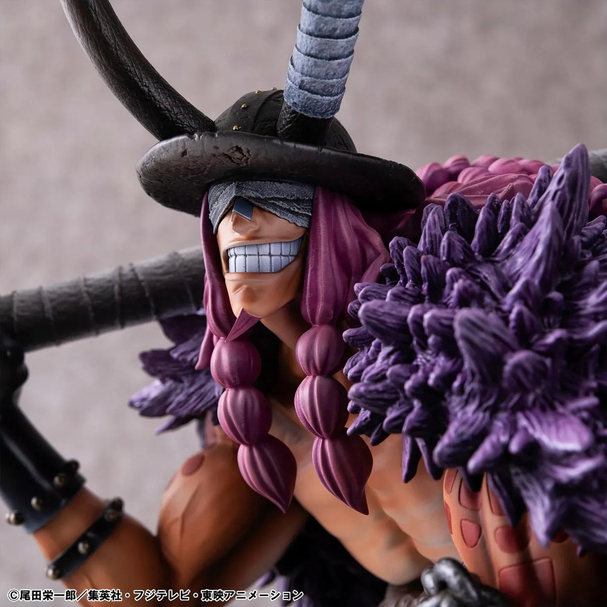 One Piece Portrait of Pirates ELB-Maximum Loki figure crouching with a massive hammer, horned helmet, pink braids, purple cloak, and chains on a rocky base.