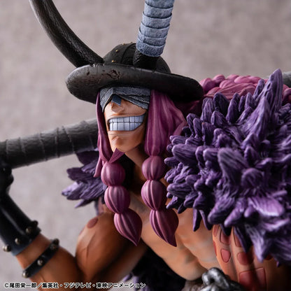 One Piece Portrait of Pirates ELB-Maximum Loki figure crouching with a massive hammer, horned helmet, pink braids, purple cloak, and chains on a rocky base.