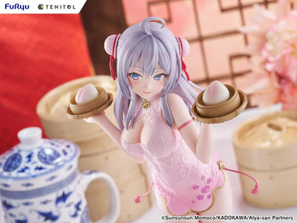 Alya Sometimes Hides Her Feelings in Russian TENITOL TALL Alya Cheongsam ver. Figure featuring Alya with long silver hair, pink cheongsam outfit, steamed bun accessories, and pink shoes.