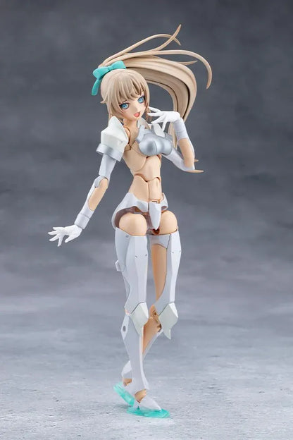 Megalomaria Unlimited Universe Emulator model kit wearing white armor with translucent teal parts and wielding teal weapons.