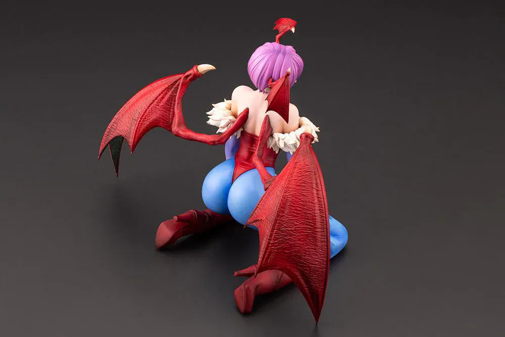Darkstalkers Lilith 1/7 Scale Figure featuring Lilith with purple hair, bat wing accents, red-and-blue outfit details, and a playful seated pose.