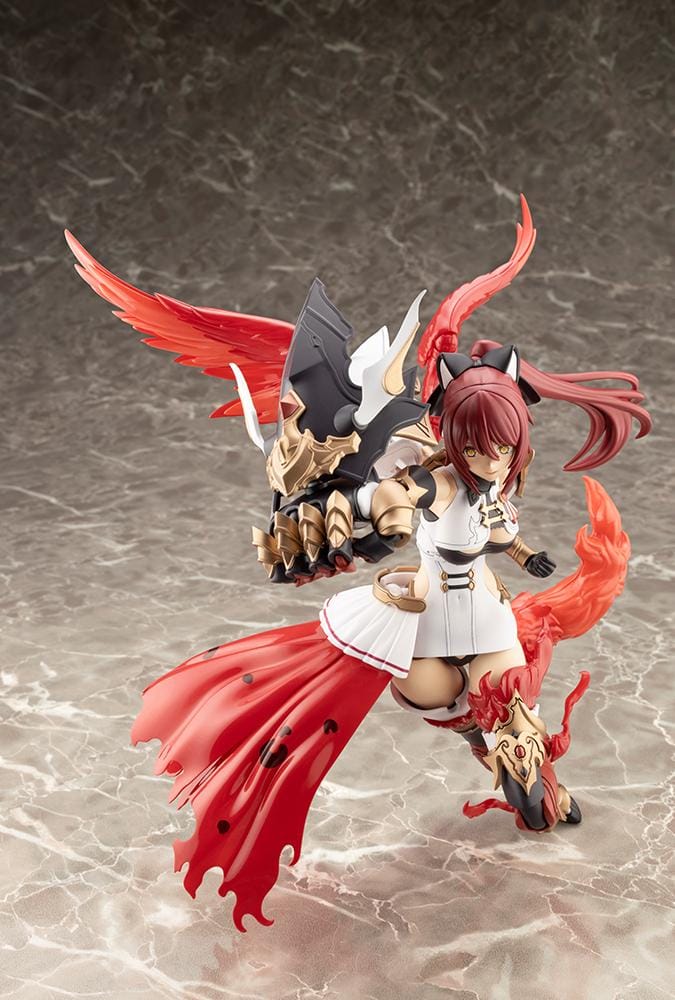 Assembled Arcanadea Charmed model kit with red hair, animal ears, a white and black outfit, gold armor accents, and a sweeping flame-like red tail.
