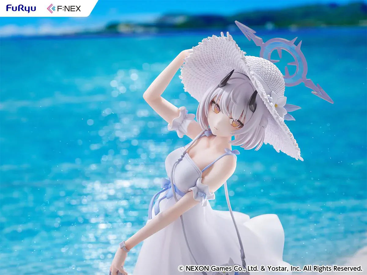 Blue Archive Sena Casual 1/7 Scale Figure featuring Sena with short silver hair, white dress, wide-brim hat, sandals in hand, and seaside-themed display base.