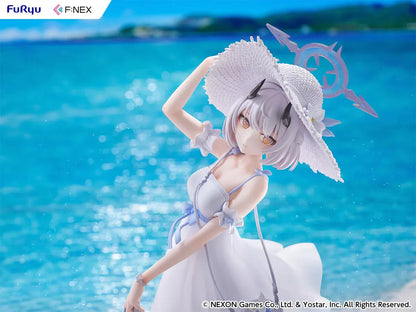 Blue Archive Sena Casual 1/7 Scale Figure featuring Sena with short silver hair, white dress, wide-brim hat, sandals in hand, and seaside-themed display base.