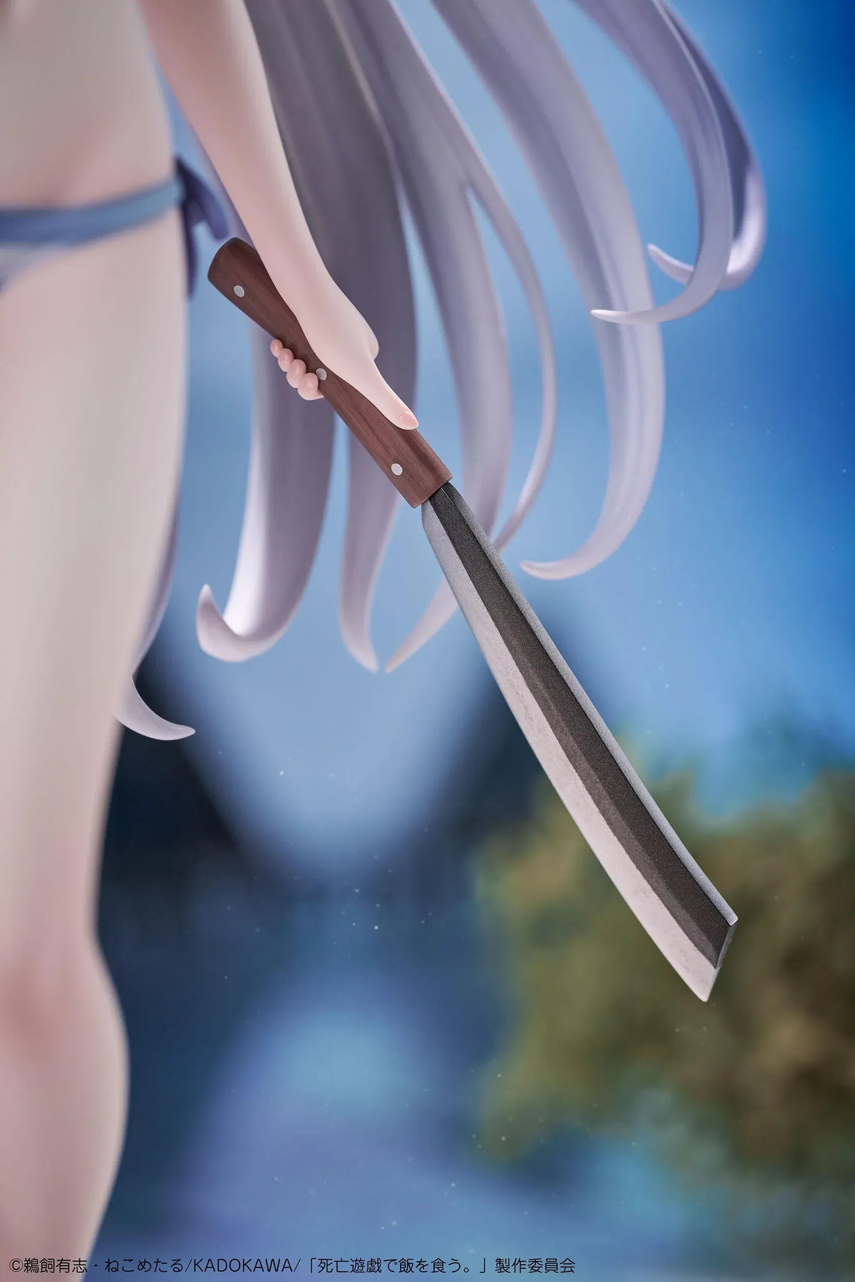 Playing Death Games to Put Food on the Table Yuki 1/7 Scale Figure with long silver hair, blue-and-white outfit, rifle, blade accessory, and display base