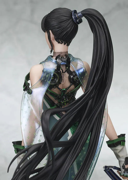 Stellar Blade Eve non-scale figure in a futuristic green and gray combat suit holding a long sword with flowing black hair