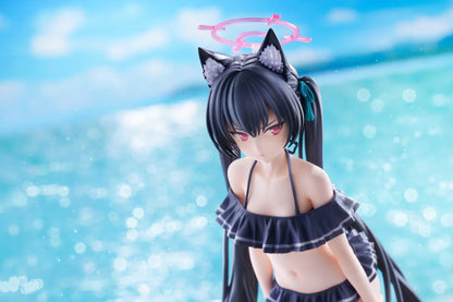 Blue Archive Serika Swimsuit 1/7 Scale Figure featuring Serika with long black hair, cat ears, dark frilled swimsuit, pink halo, platform sandals, and display base.