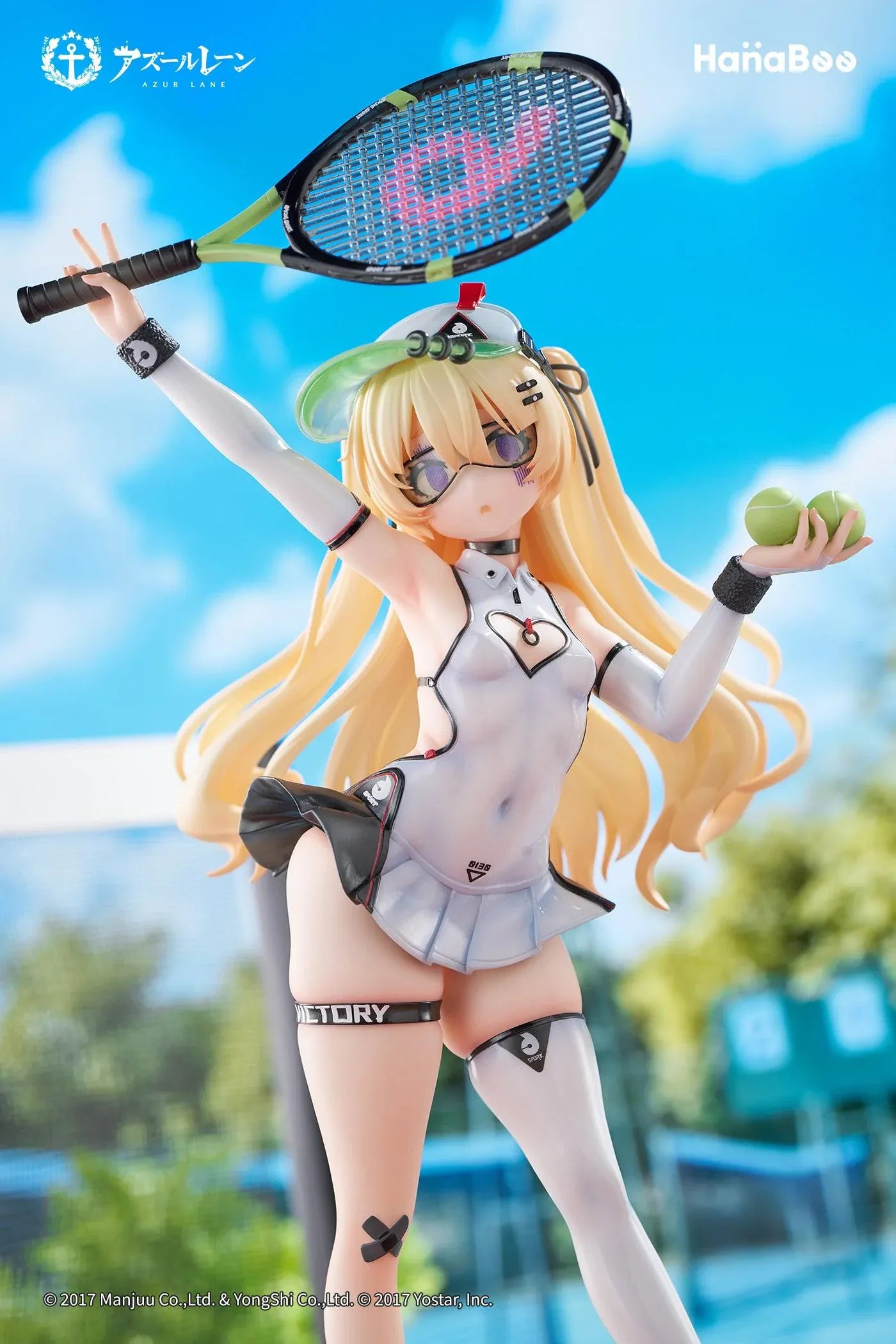 Azur Lane Bache Showy Sports Star Deluxe Ver. 1/6 Scale Figure featuring Bache in a tennis-inspired outfit with racket, tennis balls, display base, bonus artwork, and character can badge.