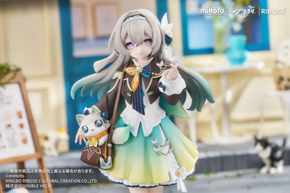 Honkai Star Rail Rise Up+ Chibi Cat Series Firefly Figure featuring Firefly in a cute chibi-style outfit with cat-themed display accents, colorful backdrop, and themed base.