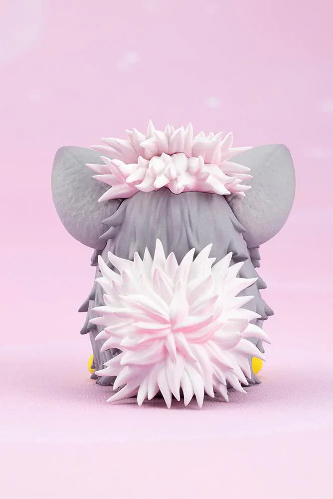 Furby Bishoujo Figure with fashionable character in sunglasses, fuzzy jacket, yellow boots, Furby companion, and glittery display base