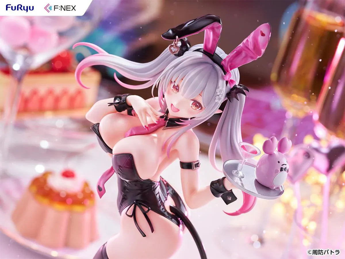 Suou Patra Bunny Ver 1/6 Scale Figure by FuRyu F:NEX wearing a black and pink bunny outfit with stockings, heels, bunny ears, and tail