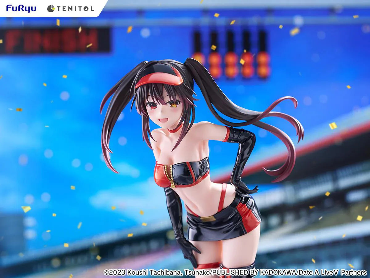 Date A Live V Tenitol Tall Kurumi Tokisaki Race Queen Ver. Figure featuring Kurumi with twin-tail hair, black-and-red race queen outfit, visor, gloves, and thigh-high boot styling.