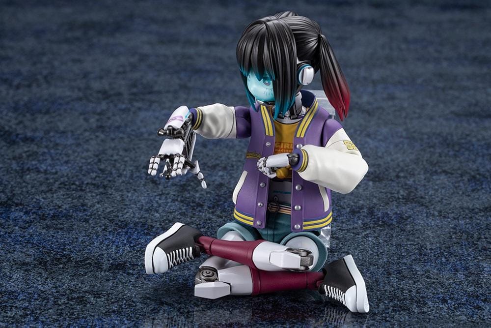 Milky Subway The Galactic Limited Express Makina Model Kit Figure featuring a robotic anime girl with black twin-tail hair, a blue-tinted face, a purple varsity jacket with white sleeves, denim shorts, mechanical arms and legs, burgundy socks, and black-and-white sneakers.